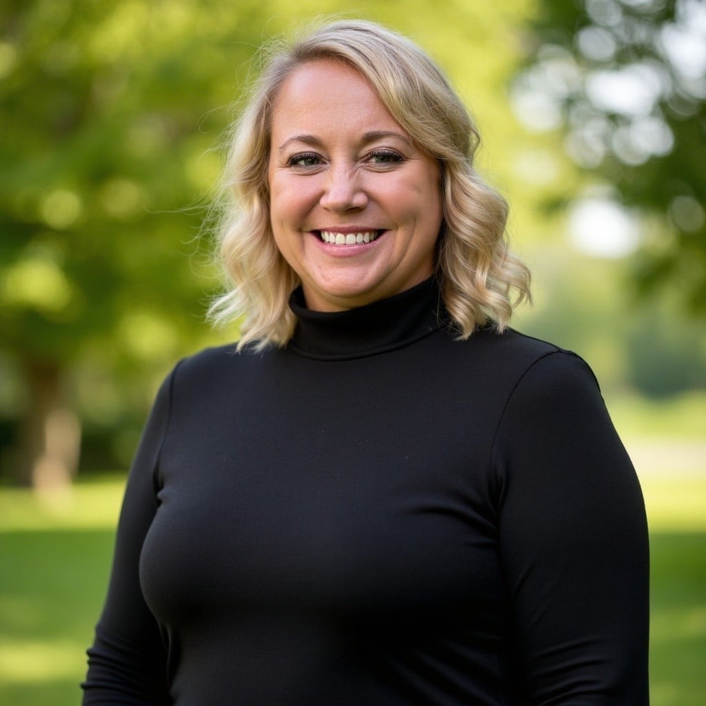 A woman with shoulder-length blonde hair and a black turtleneck smiles while standing outdoors in a green, leafy area.