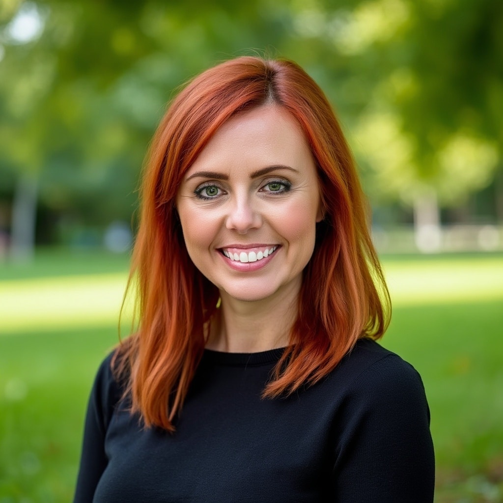 A woman with straight red hair, wearing a black top, smiles outdoors in a park with green grass and trees in the blurred background.