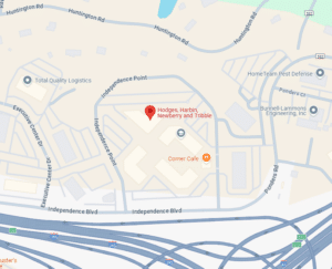 Map showing the location of Hodges, Harbin, Newberry and Tribble near Independence Blvd, with nearby businesses including Corner Cafe, Total Quality Logistics, and HomeTeam Pest Defense. Major roads and highways are visible.